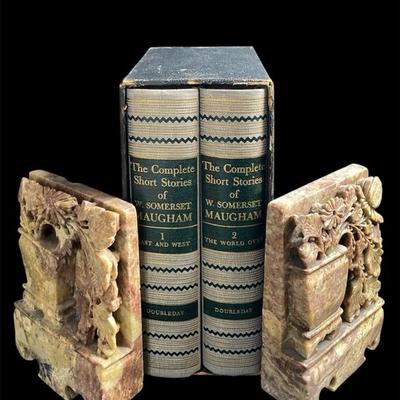 The Complete Short Stories of W. Somerset Maugham Set * Carved Stone Asian Bookends 