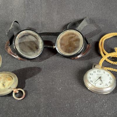 Vintage Aviator Goggles, F.Barker & Son London Compass, Westclox Pocket Watch