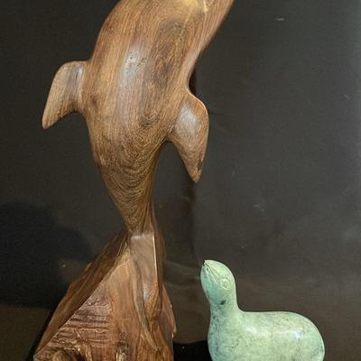 Ironwood Dolphin Carving * Agua Metal Seal Figurine