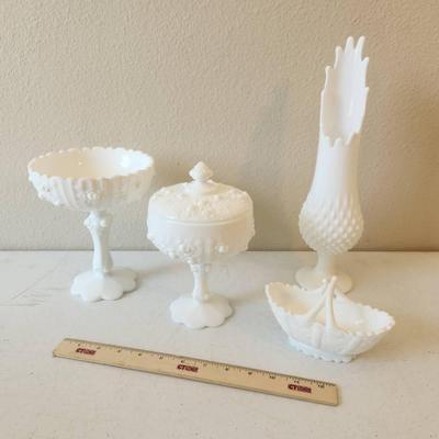 Vintage Fenton Milk Glass Collectibles - Hobnail Swung Vase, Cabbage Roses, Daisy & Button 
