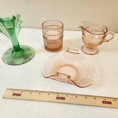 4pc Vintage Depression Glass - Duncan & Miller Candlestick, Anchor Hocking Glass