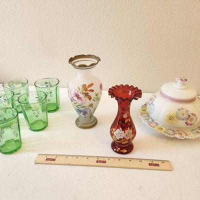 8pc Vintage Handpainted Glass - Green Juice Glasses, Antique Butter Dish