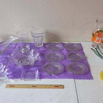 Kitchen Glassware, Some Vintage - OJ Carafe, Bowls, Plates++