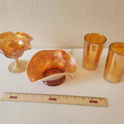 4pc Vintage Marigold/Peach Carnival Glass - Imperial Glass, Jeannette Swirl Glasses