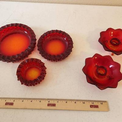 5pc Vintage Fenton Ruby Red & Amberina Glass - Hobnail Ashtray Set, Flower Candlesticks