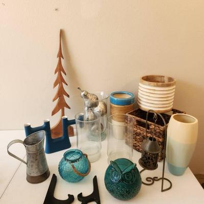 15pc Blue Accent Home Decor - Ceramic Vases, Ikea Candelabra, Baskets, Tea Light Lantern