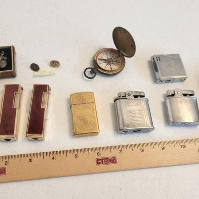 12pc Vintage Lighters, 10k Gold Sperry Pins, Compass, Cross Pendant