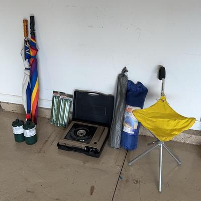 Camping Lot - Portable Gas Grill, Sun Shelter + Stakes, Jiffy Seat