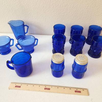 12pc Vintage Cobalt Blue Glass Kitchenware - Atlas Creamer/Sugar Bowl, Salt & Pepper Shakers