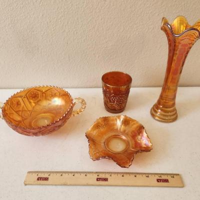 4pc Vintage Marigold Carnival Glass - Fenton, Imperial Glass