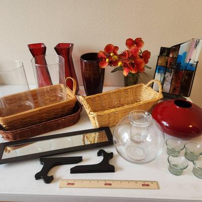 15pc Red Accent Home Decor - Glass Vases, Ceramics, Baskets, Glass Diffuser