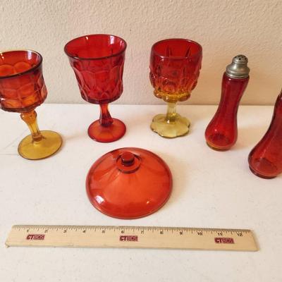 5pc Vintage Amberina/Ruby Red Glass - Kanawha Crackle Shakers, Noritake, Tiara Goblets