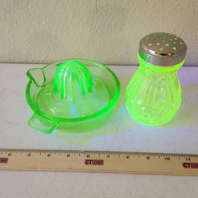 Antique Yellow Uranium Glass Shaker & Green Federal Glass Citrus Juicer