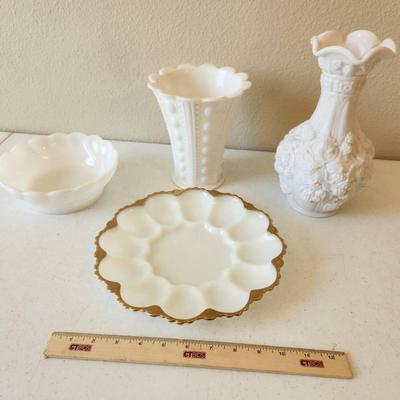 4pc Vintage Milk Glass - McKee Vase, Imperial Loganberry Vase, Anchor Hocking Deviled Egg Plate