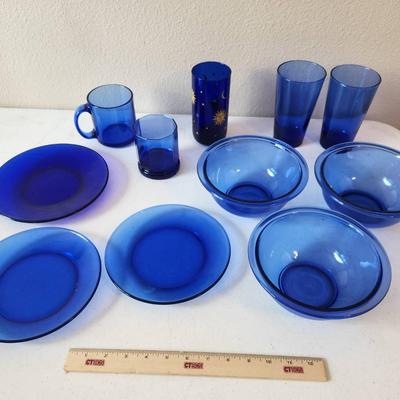 11pc Cobalt Blue Kitchenware & Dishes - Pyrex Bowls, Libby Glass, Anchor Hocking Glasses++