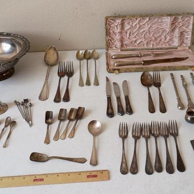 Antique & Vintage Mostly Silver Plate Lot - Flatware, Comb, Mortar & Pestle, ++