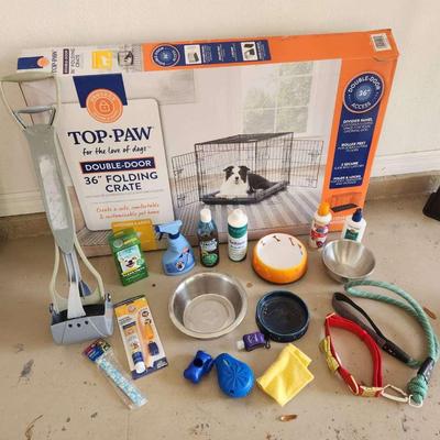 19pc Dog Supplies Lot - Top Paw 36" Folding Crate, Bowls, Oral Care++