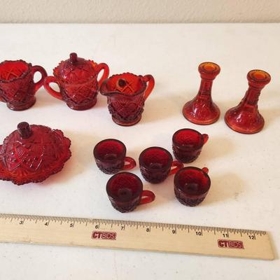 Vintage Miniature Westmoreland Amberina Glass Tea Set w/ Candlesticks
