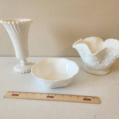 Vintage Milk Glass - Westmoreland Spiral Vase & Bramble Bowl, Indiana Glass Daisy Bowl