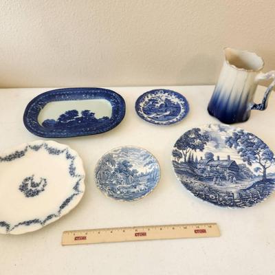 6pc Vintage Blue & White China, Antique Flow Blue Plate