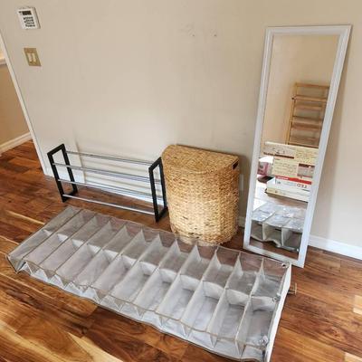 4pc Closet Organization - Mirror, Adjustible Shoe Rack, Hamper, Over-the-Door Shoe Organizer