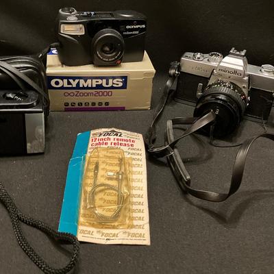 Olympus Zoom 2000 and Minolta SRT 202 Cameras with Vivitar Auto 252 Flash & 12" Remote Cable Release