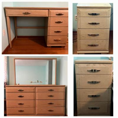 Vintage Mengel Furniture Bedroom Dresser, 2 Nightstands, and Desk