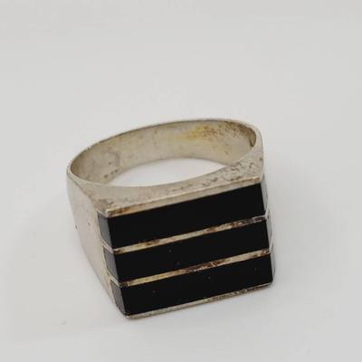 3 Band Onyx Sterling Ring Mexico Silver Sz 10.5