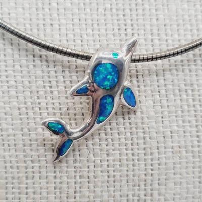 Dolphin Slide Pendant with Blue Opal Inset in Sterling Silver 925 Chain