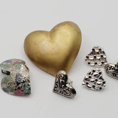 Heart Jewelry Pin And Earrings Vintage Costume