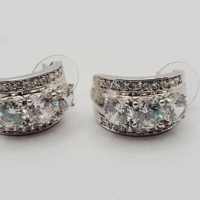 Very Sparkly 925 Cz Half Hoop Earrings Sterling Silver 