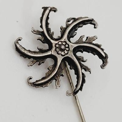 Unusual Sterling Silver Stick Pin Floral Or Aquatic Swirl