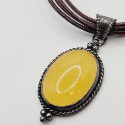 Schube Sterling 925 Silver Necklace Gem And Leather 