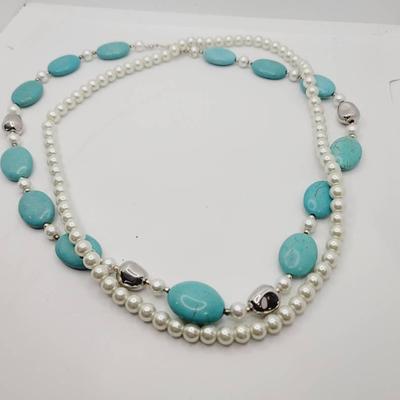 Faux Pearl Turquoise Dyed Stone Necklace Set