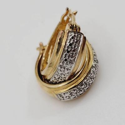 Gold Wash Sterling Diamond Chip Earrings 925 Hoops