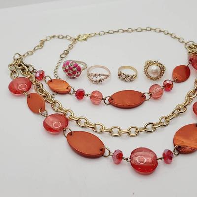 Pink Peach Necklace And Ring Lot Shell Glass Rhinestone