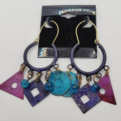 Pink Purple Blue Colored Brass Geometric Earrings