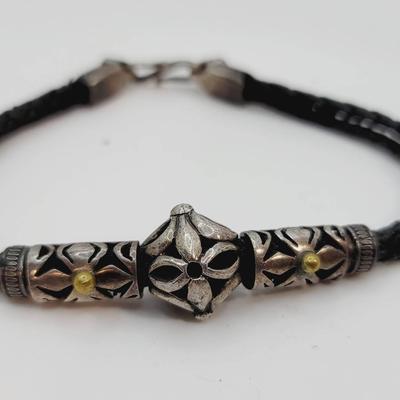 Sterling Silver Heavy Beads On Leather Bracelet