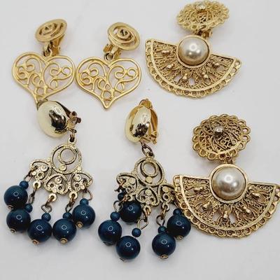 3pc Dramatic Gold Tone Filigree Statement Earrings Clip