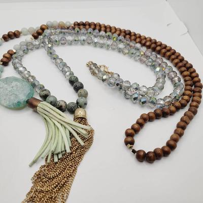Gem Wood Glass Leather 2 PC Tassel Necklaces Boho Mala Style