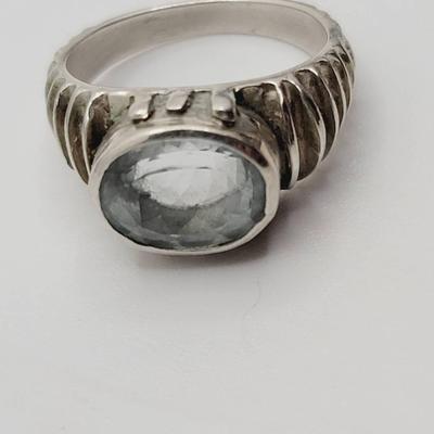 Faceted Aqua Stone Sterling Ring Almost Brutalist Style Sz 7.5