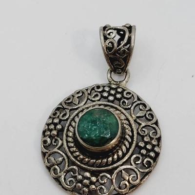 Sterling Filigree Pendant Opaque Emerald Stone