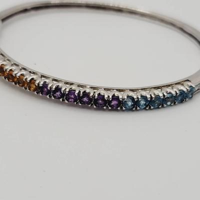 Multi Gemstone Syerling Silver Hinged Bangle Bracelet 925