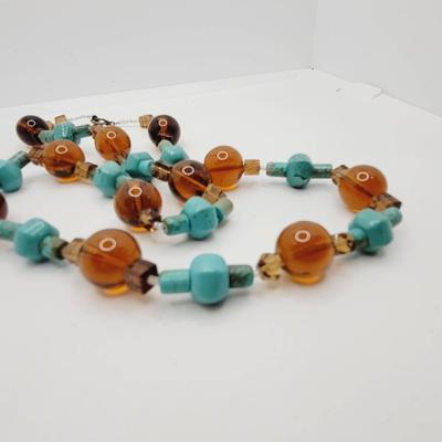 Amber And Turqoise Colored Glass And Stone Beads Necklace