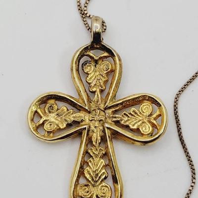 Gold Wash Sterling 925 Old World Cross Pendant Necklace 