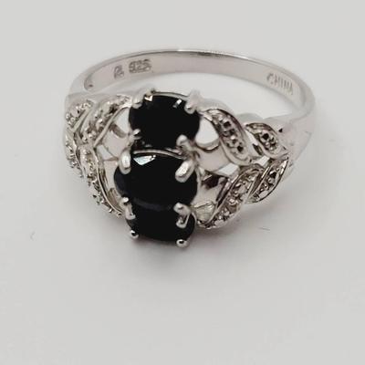 Sterling Black Stone Band Floral Ring Sz 10
