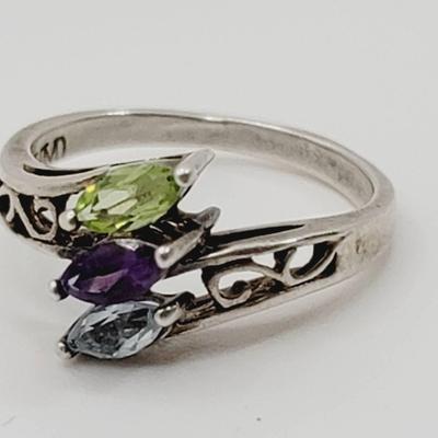 3 Stone Multi Gem Sterling Ring 926 Sz 8 Blue Green Purple