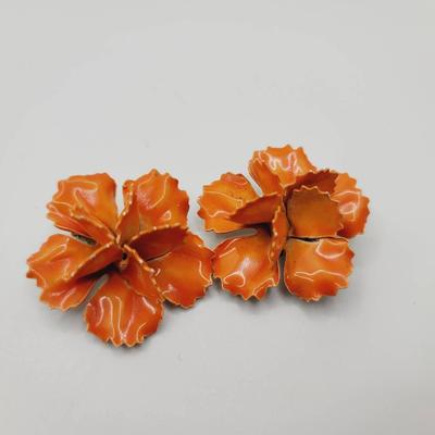 Orange Enamel Flower Power Chrysanthemum Earrings Clip