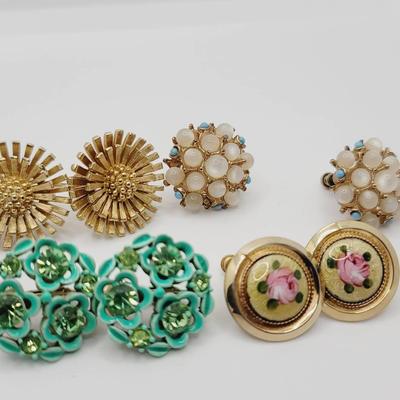 4pc Mid-century Clip Earrings Rhinestone Guilloche Enamel More