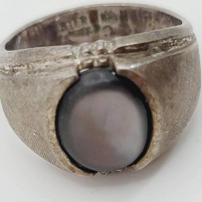 Heavy Vintage Textured Sterling Ring Dark Abalone Center Stone Sz 10